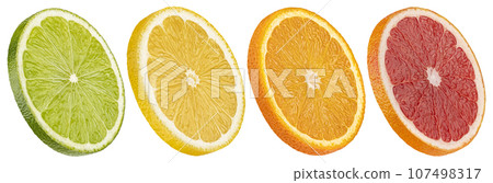 Mix of orange, grapefruit, lime and lemon slices isolated on white background Mix of orange, grapefruit, lime and lemon slices isolated on white background 107498317