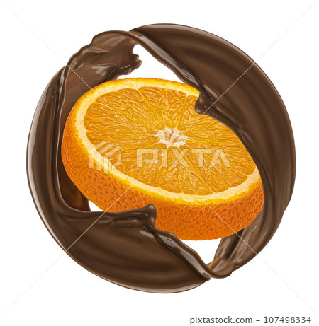 Orange slice and chocolate splash isolated on white background 107498334