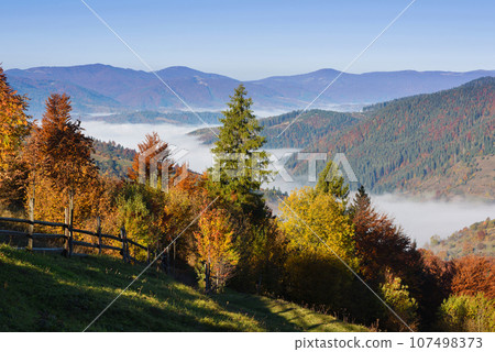 Beautiful autumn mountain landscape in the morning light with fog and bright hills Beautiful autumn mountain landscape in the morning light with fog and bright hills 107498373