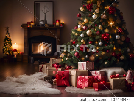 Christmas or New Year tree with gifts. Christmas room interior, Christmas decor. New Year card 107498484