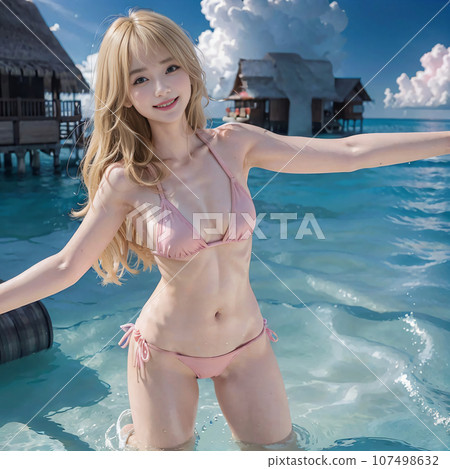 AI image of a woman in a bikini swimsuit at the sea in the Maldives AI photo AI image of a woman in a bikini swimsuit at the sea in the Maldives AI photo 107498632