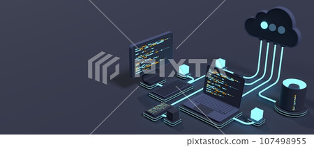 Cloud technology computing concept. Modern cloud technology. Data center isometric concept. 3D cloud technology with datacenter. Web hosting concept. 3D rendering Cloud technology computing concept. Modern cloud technology. Data center isometric concept. 3D cloud technology with datacenter. Web hosting concept. 3D rendering 107498955