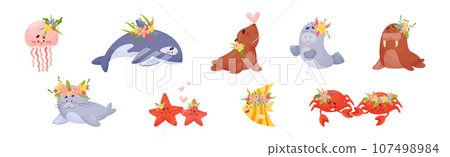 Sea Animals Wearing Flower Wreath on Its Head Vector Set Sea Animals Wearing Flower Wreath on Its Head Vector Set 107498984