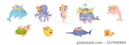 Sea Animals Wearing Flower Wreath on Its Head Vector Set Sea Animals Wearing Flower Wreath on Its Head Vector Set 107498994