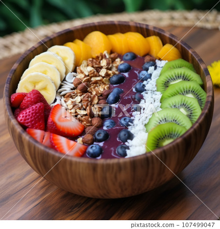 Acai bowl on wooden table close up 107499047