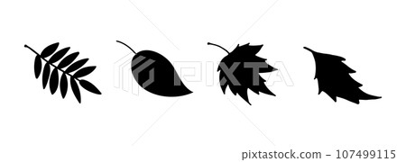 Vector silhouette autumn leaves. Black Leaves of aspen, birch, maple, rowan. Vector silhouette autumn leaves. Black Leaves of aspen, birch, maple, rowan. 107499115