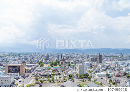 Fukushima City, Fukushima Prefecture. Cityscape of Fukushima City seen from around JR Fukushima Station (west direction) 107499618