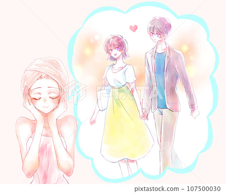 A woman wrapped in a bath towel. Self-improvement before a date. 107500030