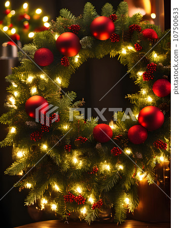 Detailed cozy Christmas wreath cinematic HDR K. 107500633