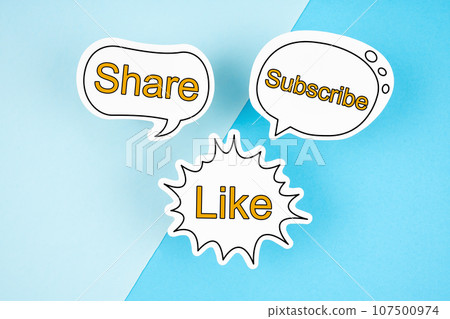 Like, Subscribe and Share text on speech bubble on the blue background. Like, Subscribe and Share text on speech bubble on the blue background. 107500974