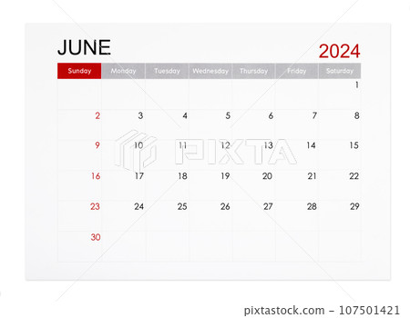 The June 2024 monthly calendar page isolated on white background, Saved clipping path. The June 2024 monthly calendar page isolated on white background, Saved clipping path. 107501421