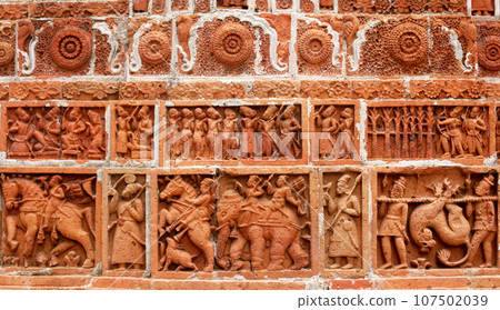 Terracotta Design in wall of popular Kantajew Temple Terracotta Design in wall of popular Kantajew Temple 107502039