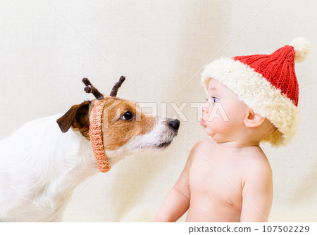 Amusing Santa Claus meets funny reindeer. Dog and kid wearing Christmas costumes Amusing Santa Claus meets funny reindeer. Dog and kid wearing Christmas costumes 107502229