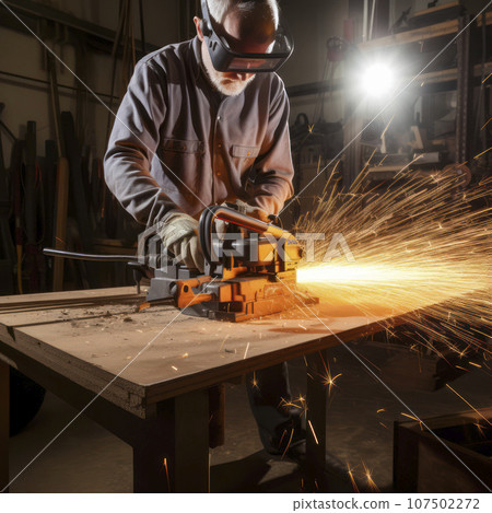 metal saw cutting beam with sparks flying 107502272