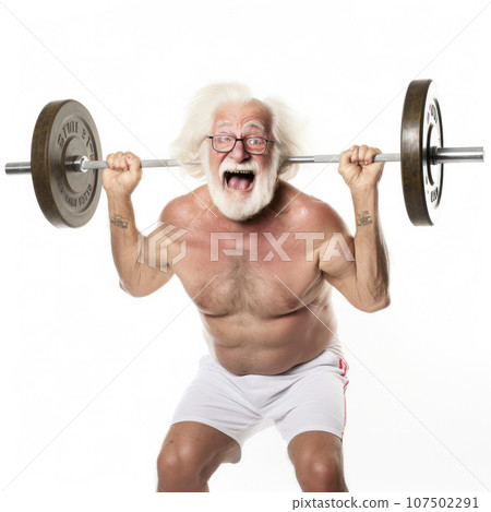 lifestyle photo humor an elderly old weight lifter on white background lifestyle photo humor an elderly old weight lifter on white background 107502291