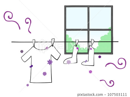 陽光明媚的日子在室內晾曬衣服的插圖-半乾的氣味和細菌的生長 107503111
