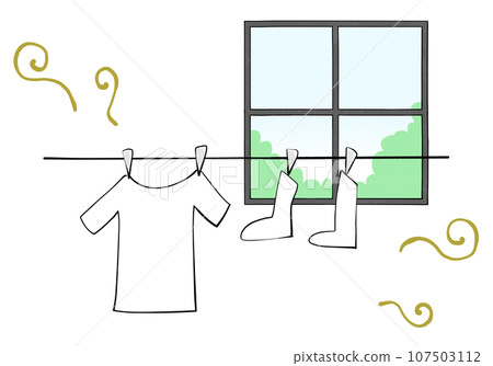 陽光明媚的日子在室內晾曬衣服的插圖-半乾的氣味 107503112