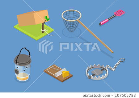 3D Isometric Flat Vector Set of Wild Animal and Insect Traps 107503788