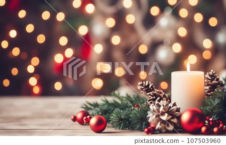 Empty wooden table, blurred Christmas background Empty wooden table, blurred Christmas background 107503960