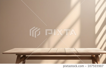 Wooden table and sunlit wall, product mockup template 107503987