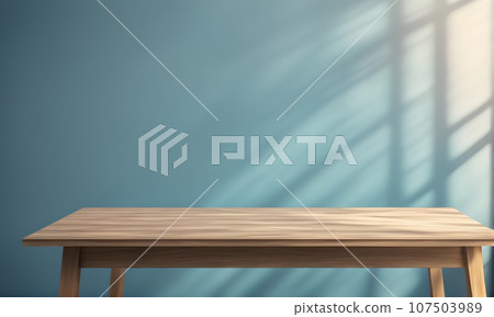 Wooden table and sunlit wall, product mockup template 107503989