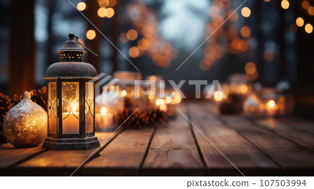 Lantern with candle on wooden table with a festive Christmas Lantern with candle on wooden table with a festive Christmas 107503994