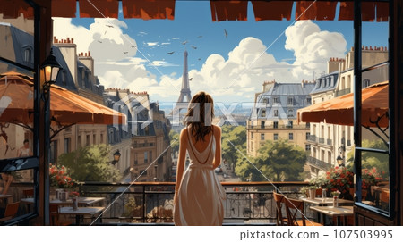 Woman sitting in a Paris cafe Woman sitting in a Paris cafe 107503995