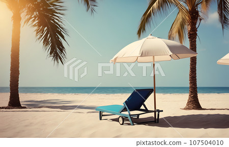 Relaxing beach vacation with a lounge chair and palm trees Relaxing beach vacation with a lounge chair and palm trees 107504010