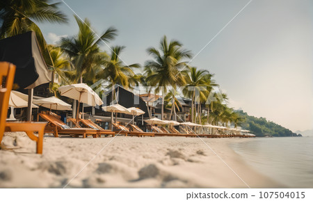 Relaxing beach vacation with a lounge chairs and palm trees 107504015