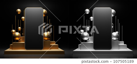 Set of gold and silver phones on golden presentation podium with levitation spheres and geometry composition. 3d render illustration mockup. 107505189