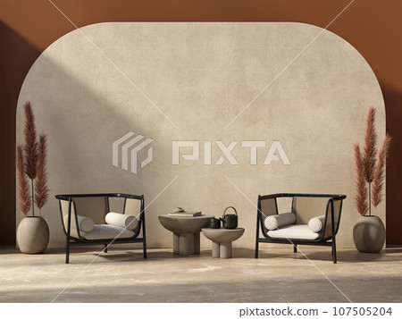 Interior composition with armchairs, coffee table and decor, red, orange beige colors. 3d render illustration, presentation mockup. Interior composition with armchairs, coffee table and decor, red, orange beige colors. 3d render illustration, presentation mockup. 107505204
