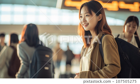 Young Japanese woman waiting for the plane while talking with friends at the airport 107505275