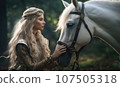 Graceful woman and white horse share a tranquil moment. 107505318