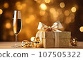 A champagne glass and a golden gift box set. 107505322