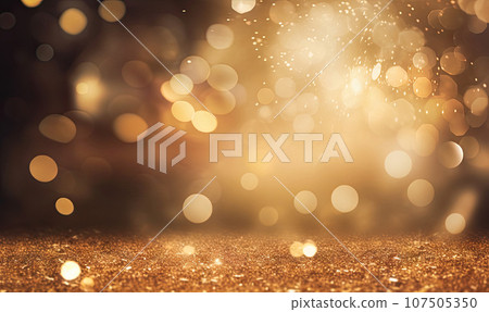 Golden bokeh lights dance on a glittering backdrop. AI generative. 107505350