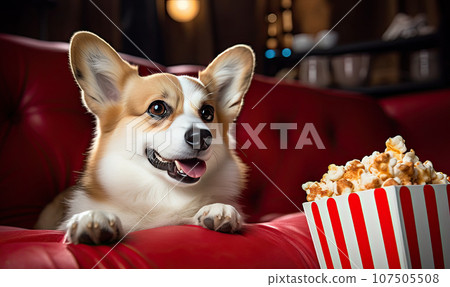 Adorable corgi enjoys popcorn on a cozy couch, ready for TV time. AI generative. 107505508