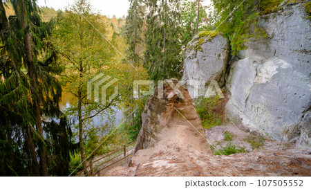 Sand cliff Sietiniezis on the bank of the Gauja river. Gauja National Park, Latvia Sand cliff Sietiniezis on the bank of the Gauja river. Gauja National Park, Latvia 107505552