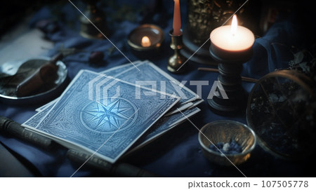 Tarot cards on fortune teller table. future reading concept. Generative AI 107505778