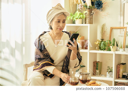 Senior woman looking at her smartphone 107506088