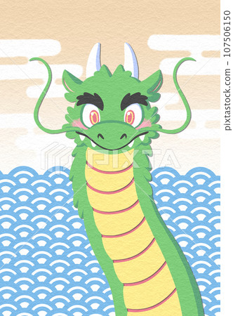 Japanese style illustration of clouds, waves and one dragon 107506150