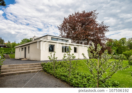 Haus am Horn building in Weimar, Germany with grass lawn. Haus am Horn is the only truly Bauhaus building 107506192