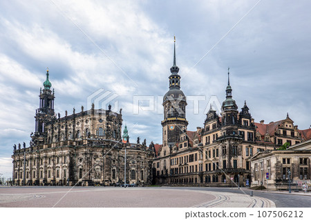 The Dresden Cathedral Hofkirche and the Dresden Castle Residenzschloss in Dresden, Saxony, Germany. The Dresden Cathedral Hofkirche and the Dresden Castle Residenzschloss in Dresden, Saxony, Germany. 107506212