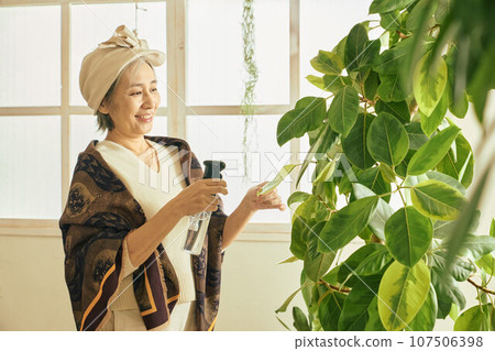 Senior woman giving water to houseplants 107506398
