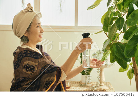 Senior woman giving water to houseplants Senior woman giving water to houseplants 107506412