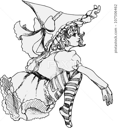 Witch in hat. Watercolor hand drawn illustration. Perfect for scrapbooking, kids design, wedding invitation, posters, greetings cards, party decoration. 107506462