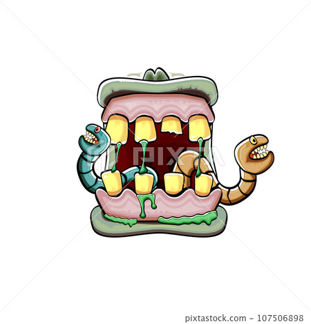 Vector cartoon funny silly zombie monster mouth with rotten teeth and green worm isolated on white background. Vector happy Halloween kids t-shirt design template with funky monster mouth 107506898