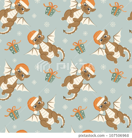 Seamless pattern with a cute smiling dragon wearing a Santa Claus hat, with gift boxes and snowflakes. A little dinosaur. Vector illustration in cartoon style. Seamless pattern with a cute smiling dragon wearing a Santa Claus hat, with gift boxes and snowflakes. A little dinosaur. Vector illustration in cartoon style. 107506968