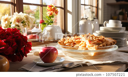 Festive American apple pie decorated with powdered sugar and pieces of apples stands on the countertop Festive American apple pie decorated with powdered sugar and pieces of apples stands on the countertop 107507221