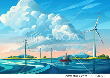 Offshore farm with wind turbines Offshore farm with wind turbines 107507260