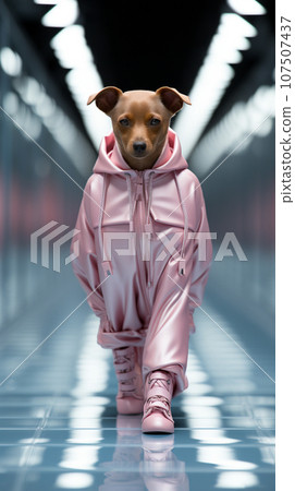 Fashion Dog Show, top model dog wearing trendy design clothes, catwalk. AI Generative 107507437